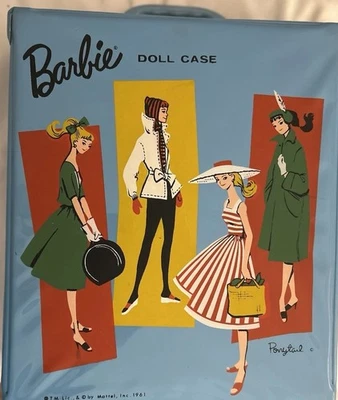  Mattel 1961 blue doll case, red bathing suit and fashion booklet   - Image 1 of 4