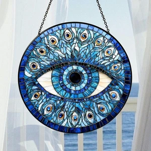 Evil Eye Stained Glass Suncatcher – Blue Round Hanging Window Panel Decor - Picture 1 of 8