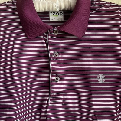 IZOD 男式高性能高尔夫 Polo 衫大号白色栗色条纹 — 第 1/4 张图片