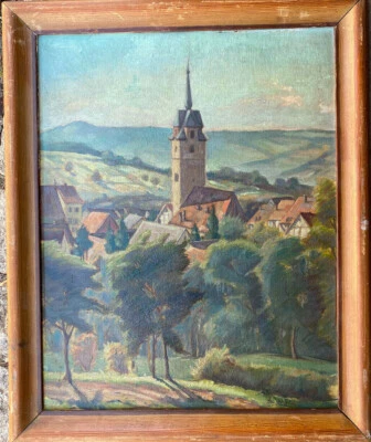 Iglesia en Valle Sommermorgen Pintura al Óleo E. Hühl Marco Firmado Antigua Turingia Foto 1 de 4