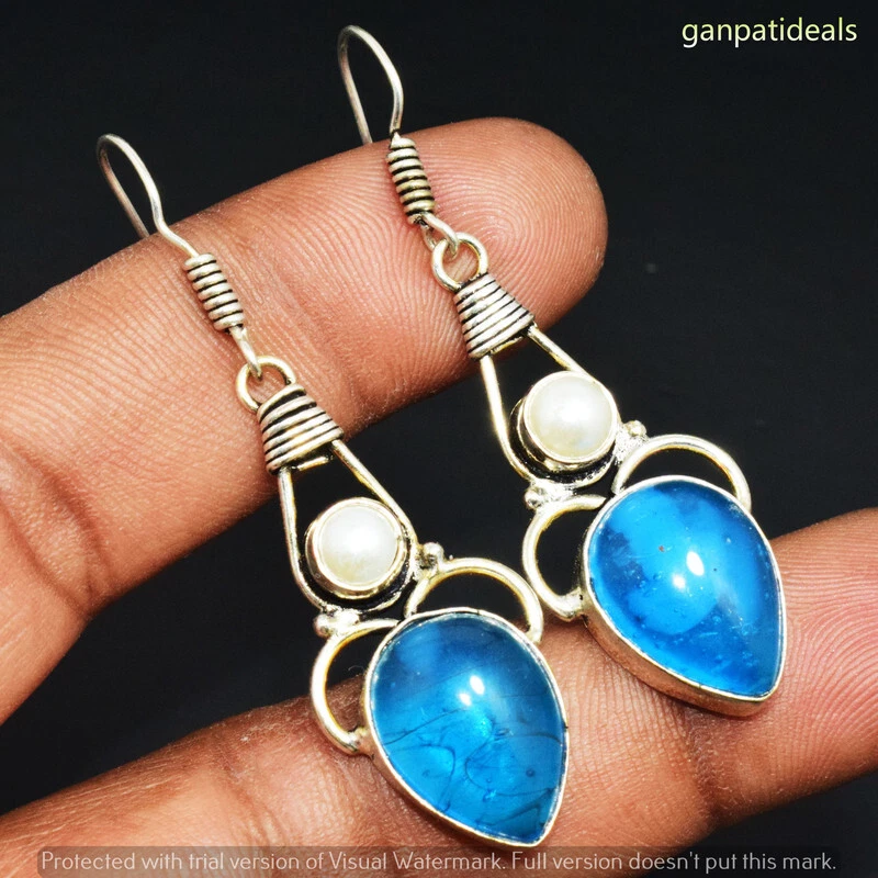 Pendientes colgantes étnicos hechos a mano de piedras preciosas de ónix azul joyería 8 GM GE-6337 Foto 1 de 1