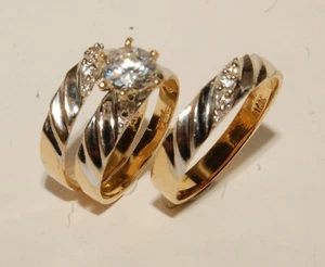 Yellow Gold Wedding Bands & Engagement ring Man's & ladies Trio Set His/Hers - Picture 1 of 4