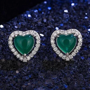 925 Sterling Silver Crystal Heart Green Jade Stud Earrings Jewellery Women Gift - Picture 1 of 6