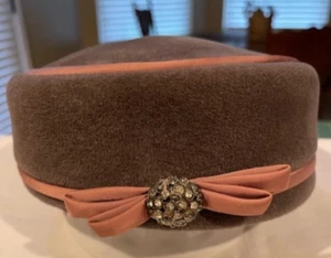 Vintage Brown Velvet Pillbox Noreen Fashion Satin Ribbon Bow & Trim w/Rhinestone - Picture 1 of 5