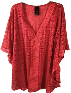 Catalina Women's Large Hot Pink/Coral Lace V-neck Sheer Swim Cover Up-009 - Picture 1 of 11