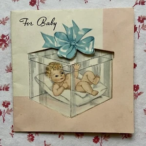 Vintage Mid Century UNBENUTZT süß "für Baby" Pergament Geschenk mit blauer Schleife Grußkarte - Bild 1 von 7