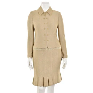 St John Evening 2Pc Khaki/Pale Gold Glitter Knit Beaded Jacket & Skirt Suit sz 8 - Picture 1 of 12