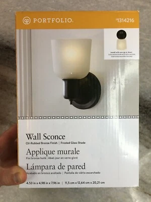 Portfolio 4.52-in W 1-Light Oil-Rubbed Bronze Wall Sconce Light w/Frosted Glass! - Image 1 of 4