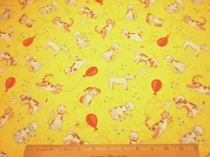 Cotton Fabric By Yard Dogs Cats Balls Balloons Yellow Happy Town Henry Glass C - Picture 1 of 2