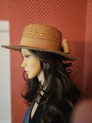 Vintage Betmar 100% Straw Boater Hat Wide Brim Large Bow Made In Italy RN39360 - Image 1 of 4