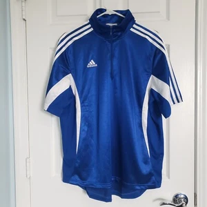 NWT Adidas Clima365 1/4 Zip Short Sleeve Size L Blue Satin Mesh Y2K 3 Stripe - Picture 1 of 13