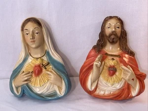 Vintage Chalkware Virgin Mary Sacred Heart & Jesus Wall Hanging Plaques 7.5" - Picture 1 of 21
