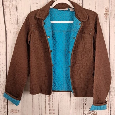 Chaqueta Acolchada De Colección Años 90 OLEG CASSINI Fin de Semana S Marrón Turquesa Frontal A Presión Recortada Foto 1 de 4