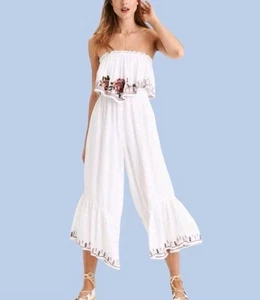 American Eagle gesmokter Jumpsuit Gr. XS weiß bestickt weites Bein Gaze Hose A5 - Bild 1 von 12