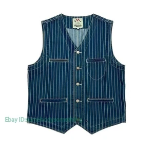 Men's Striped Vest Selvedge Denim Vest Slim Waistcoat Vintage Casual Coat Blue - Picture 1 of 15