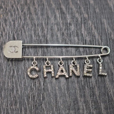 CHANEL Silver Plated CC Logos Rhinestone Swing Charm Pin Brooch #1056c Rise-on - Image 1 of 4
