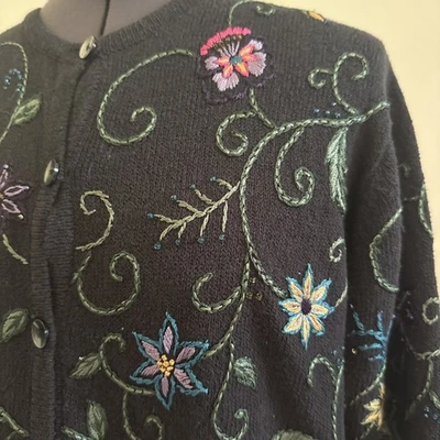 Vintage Talbots Womens Sweater Cottagecore Embroidered Cardigan Size S Black EUC - Image 1 of 4