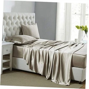 Seide Satin Bettwäsche Größe Satin Bettlaken Set mit tiefen Taschen, Full Taupe - Bild 1 von 8