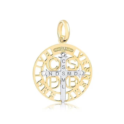 Dije de San Benito de oro amarillo y blanco macizo de 14k para cadena hombre y mujer Foto 1 de 4