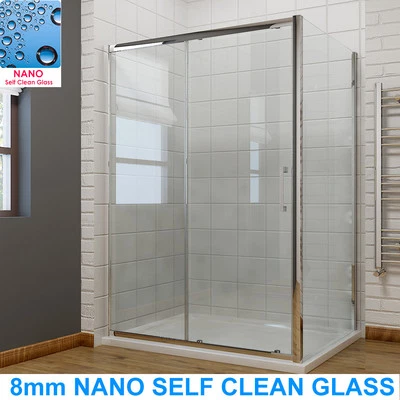 ELEGANT Sliding Door Shower Enclosure Walk In Wet Room 8mm Easy Clean Glass Stone Tray