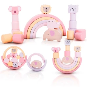 Wooden Pink Animal Stacking Toy | Toddler Montessori Fine Motor Gift | 21 pcs - Picture 1 of 15