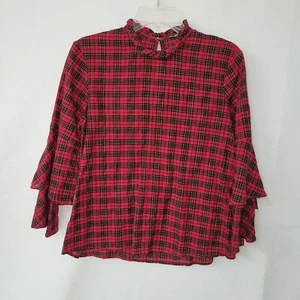 J McLaughlin Hemd Damen S rot kariert Stufen Rüschen Glockenärmel Bluse 5202 - Bild 1 von 10