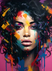Abstract Colorful Black Girl Woman Painting Picture Printed on Canvas Wall Art - Picture 1 of 8