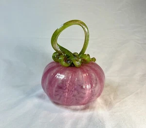 Hand Blown Studio Art Glass Oil Spot Pink Pumpkin With Curly Stem Signed - Picture 1 of 6