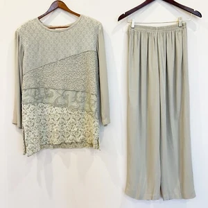 Vintage Spencer Alexis Top Pants Womens 6 Green Evening Wide Leg Artsy Lagenlook - Picture 1 of 17
