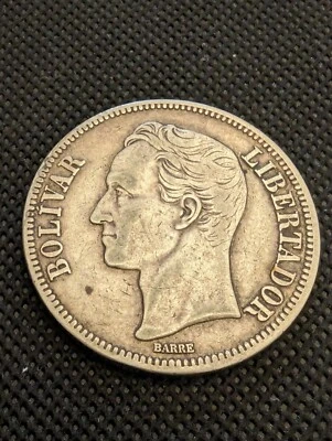Moneda de plata 5 B 1921 del presidente masón Simón Bolívar fundador de Venezuela - en muy buen estado Foto 1 de 4
