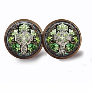 Celtic Cross Stud Earrings Bronze Setting 2 Sizes Handcrafted Jewelry Gifts - Picture 1 of 4