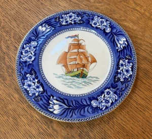 Wedgwood Cabinet Transfer Ware Flow Blue Hand Painted Ship Schooner Plate - Picture 1 of 6
