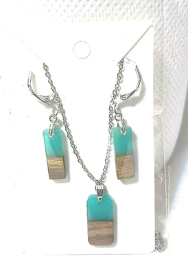 Parure Gioielli Donna, Collana Orecchini, Resina ,Turchese Legno Chic Regalo - Immagine 1 di 4