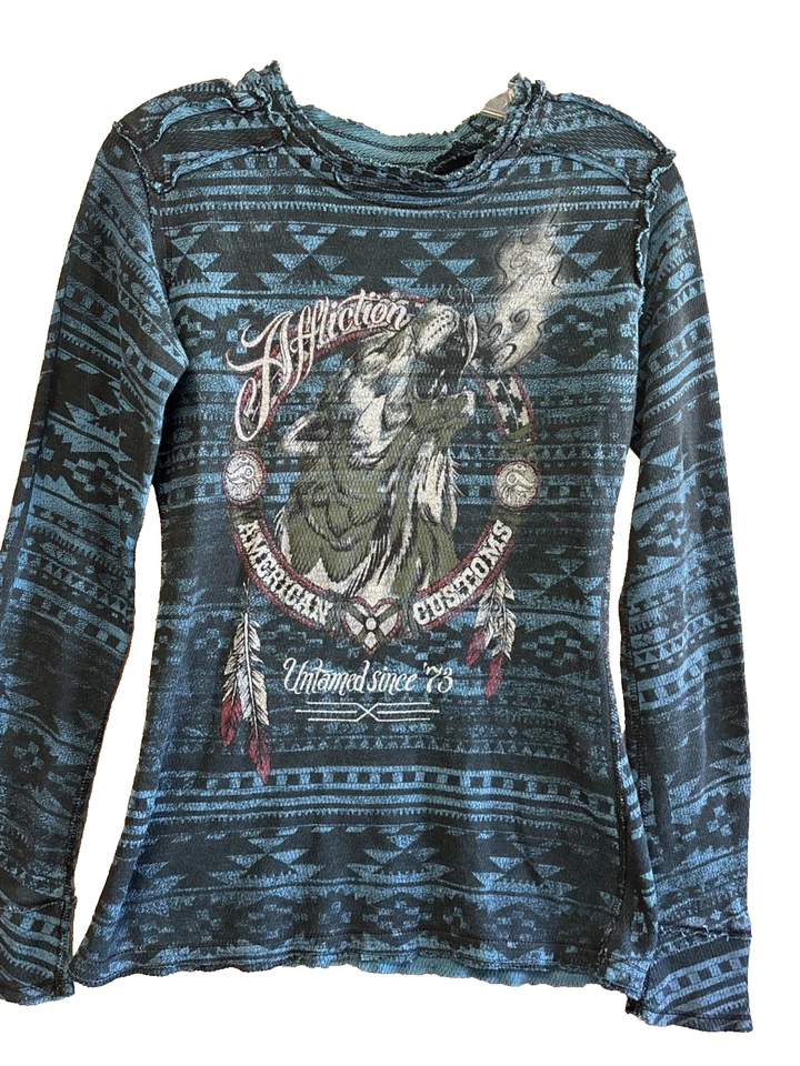 Camisa térmica reversible para mujer Affliction talla pequeña azul manga larga vintage Foto 1 de 4