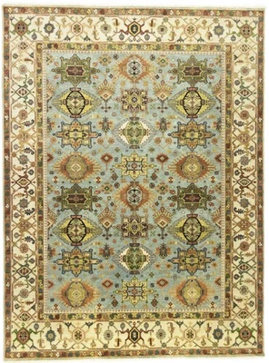 Alfombra oriental Chobi azul cielo hecha a mano de 9x12 pies alfombra geométrica grande para sala de estar Foto 1 de 4