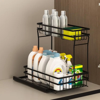 1 Pack under Sink Organizers and Storage, 2 Tier Pull Out Cabinet Organizer, Met - Image 1 of 4