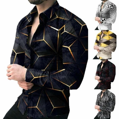 Casual-Button Down Shirt Men Printed Fashion Casual Long Sleeve Party Tee Tops#A - Image 1 of 4