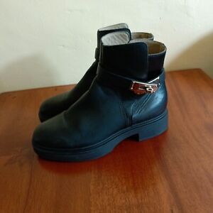 HERMES VEO Kelly Strap Boots Short Low Heel Black Leather EU Size 36 US 6 UK 3