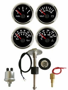 52MM 4 Gauge Set with Sender Fuel Level Water Temp Volt Oil Pressure Black 9-32V - Picture 1 of 6