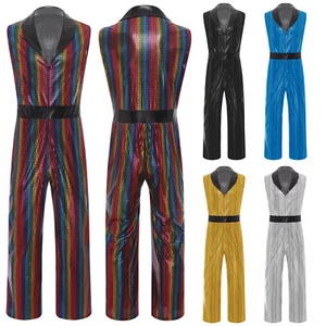 UK Men 70s Disco Jumpsuit Lapel Sleeveless Bodysuit Metallic Shiny Romper Party - Picture 1 of 39