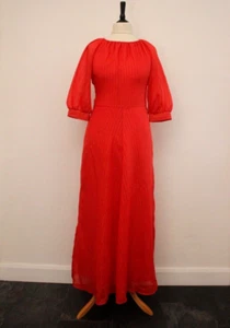 Vintage 1970s Maxi Dress Red Gold Boho Chic Retro Puff Sleeve Long Dress 12 - Picture 1 of 8