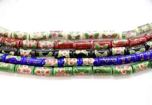 Porcelain Floral Tube Beads 6x12mm, 1mm hole, 34 pcs - Picture 1 of 2
