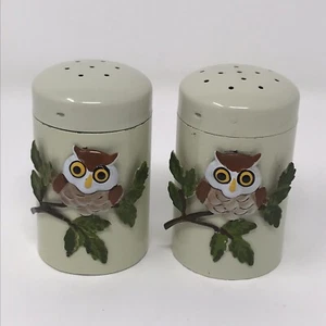 Vintage George Good Korea Pair Of Cylinder Salt & Pepper Shakers Metal Owls - Picture 1 of 9