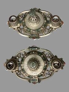 Pair Vintage Cast Metal Paint Decorated Two Light Ceiling Fixture Lamps - Picture 1 of 10