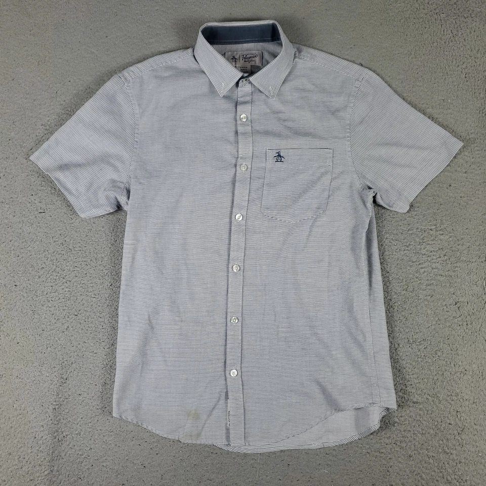 Penguin Shirt Mens Size Small Blue Striped Button Up Short Sleeve * - Image 1 of 4