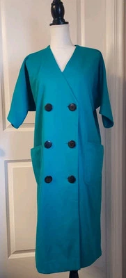 Vestido retrô vintage anos 80 peito duplo 6 botões verde turquesa tamanho 10+ - sem cinto - Imagem 1 de 4