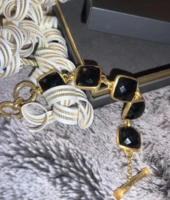 "Pulsera Julie Vos 8"" tamaño grande eslabones de obsidiana negra palanca ajustable placa de 24K" Foto 1 de 4