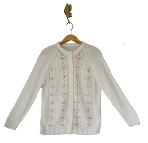 VTG Embroidered 3D Floral Cable Knit Cardigan Sweater Cottagecore Coquette Retro - Picture 1 of 11