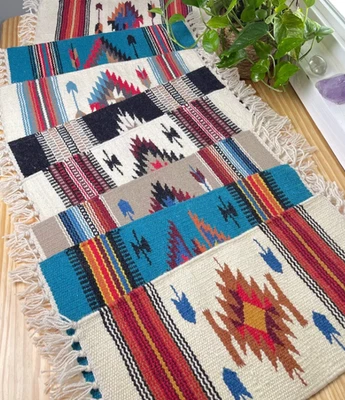Boho Woven Wool Table Rugs 20x10 | Aztec Decor Mat | Coffee Table or Plant Pad - Image 1 of 4