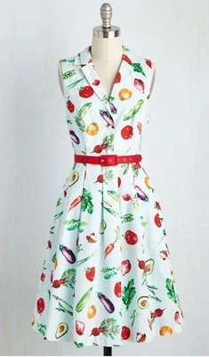 Modcloth Vegetable Print Blue Shirtdress Retro Fit And Flare Foodie Fashion XL - Image 1 of 4